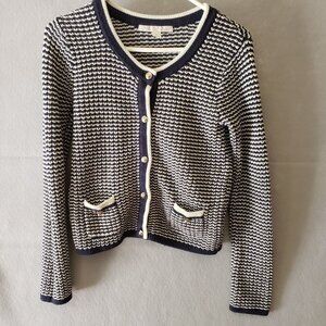 Boston Proper Womens Navy White Cardigan Sweater Size S 60 Cotton 40 Acrylic EUC